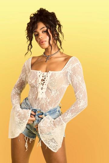 Lace Tie Detail Flare Sleeve Bodysuit white