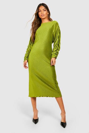 Olive Green Wave Plisse Rouched Sleeve Midi Dress