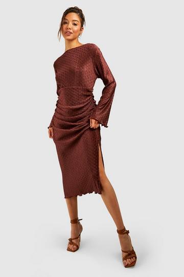 Chocolate Brown Wave Plisse Rouched Midaxi Dress