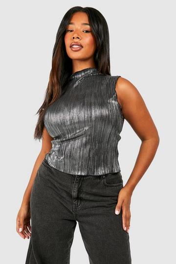 Plus Metallic Plisse Sleeveless Top silver