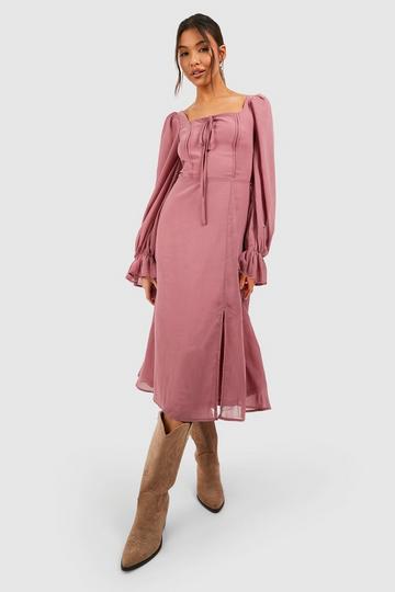 Pink Blouson Sleeve Midi Milkmaid Dress