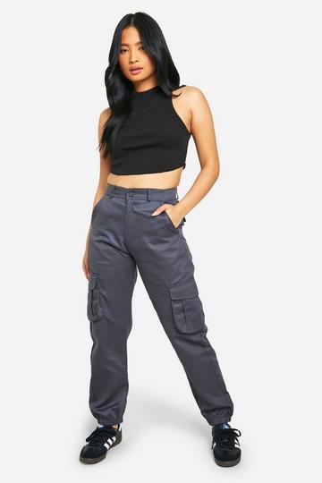 Grey Petite High Waisted Twill Cargo Joggers
