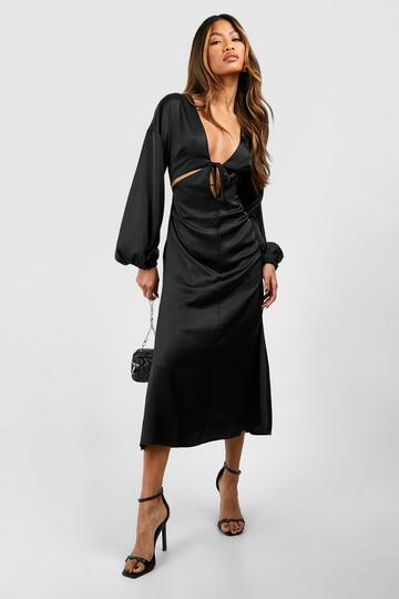 Satin Batwing Cut Out Slip Midi Dress black