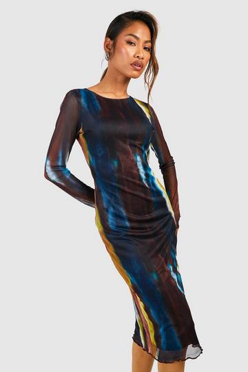 Printed Mesh Long Sleeve Bodycon Dress blue
