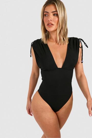 Black Bead Detail Ribbed Plunge Swimsuit