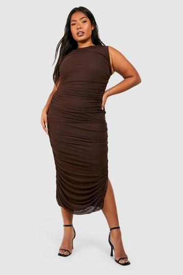Plus Mesh Ruched Midaxi Dress chocolate
