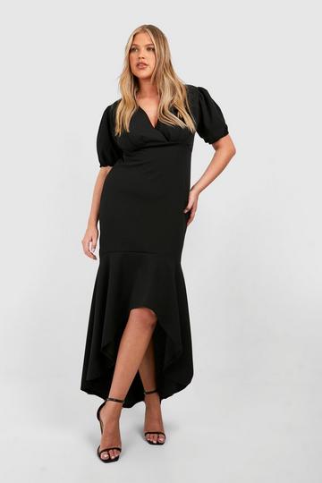 Plus Puff Sleeve Fishtail Maxi Dress black