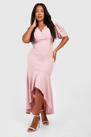 Blush Pink Plus Puff Sleeve Fishtail Maxi Dress