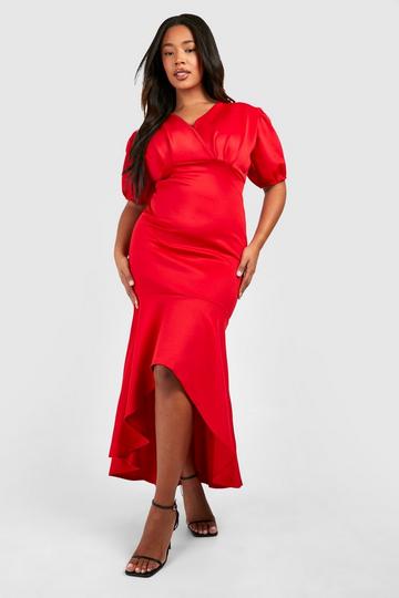 Red Plus Puff Sleeve Fishtail Maxi Dress