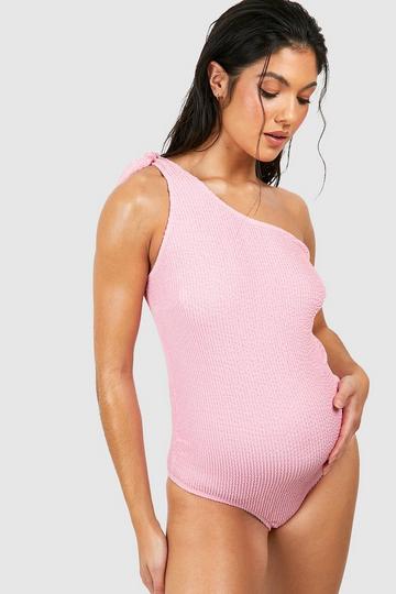 Pink Maternity Crinkle Tie One Shoulder Swimsuit