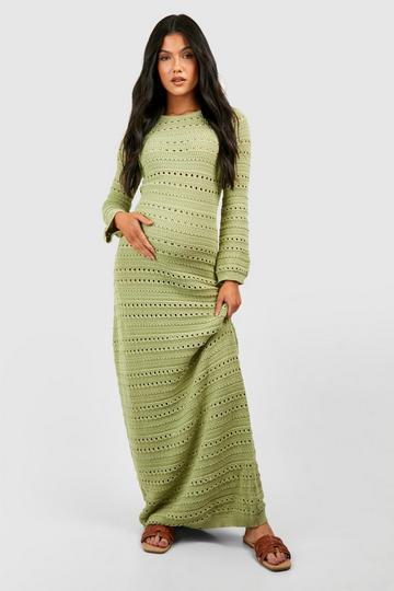 Maternity Crochet Flare Sleeve Tie Back Knitted Maxi Dress khaki