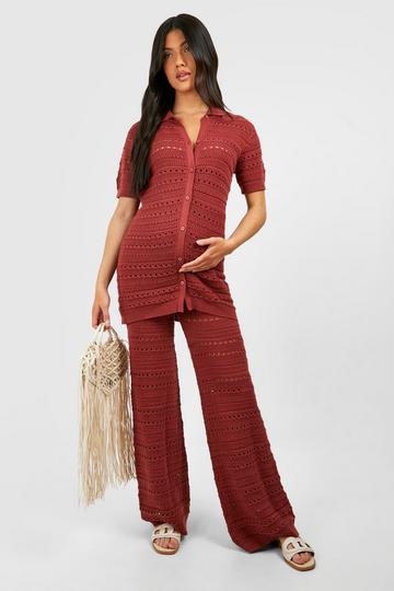 Maternity Crochet Knitted Shirt And Wide Leg Trouser Co-ord rust