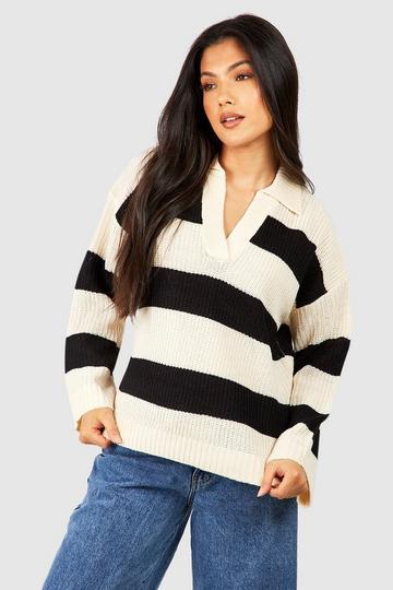 Cream White Maternity Collared Stripe Knitted Sweater