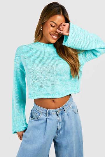 Twist Yarn Flare Sleeve Crop Sweater blue