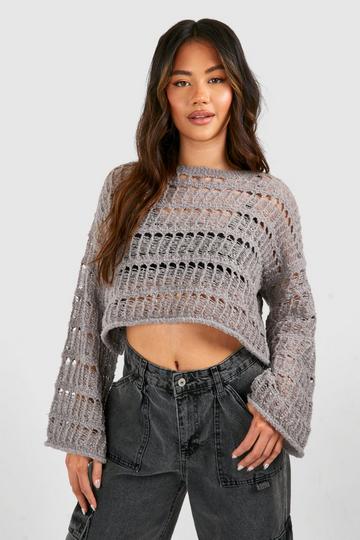 Ladder Crochet Crop Sweater grey