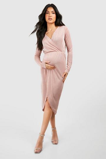 Maternity Acetate Slinky Wrapover Midi Dress blush
