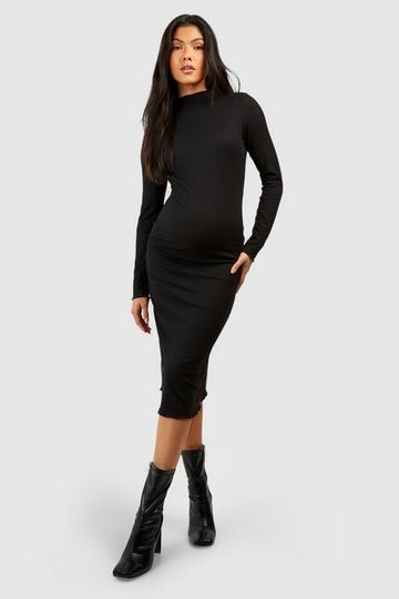 Black Maternity Soft Rib Lettuce Hem Midi Dress