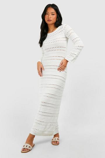 Petite Crochet Flare Sleeve Tie Back Knitted Maxi Dress ivory