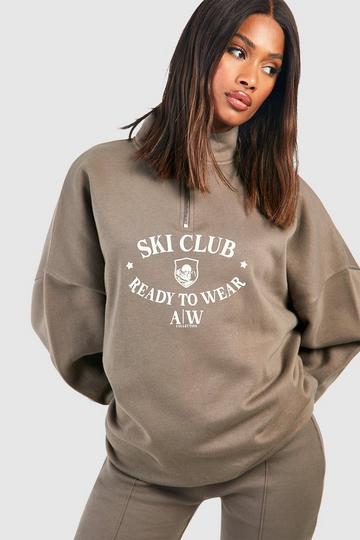 Ski Club Slogan Oversized Half Zip Sweatshirt taupe