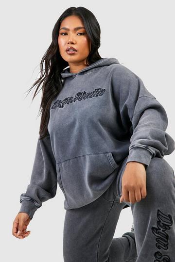 Charcoal Grey Plus Dsgn Studio 3d Embroidered Acid Wash Oversized Hoodie