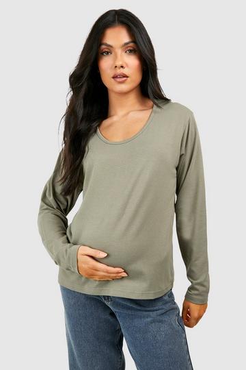 Maternity Basic Long Sleeve Scoop Neck T-shirt khaki