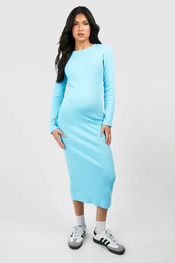 Turquoise Blue Maternity Basic Crew Neck Midaxi Dress