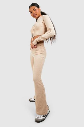 Stone Beige Petite Knitted Fold Over Waist Flares