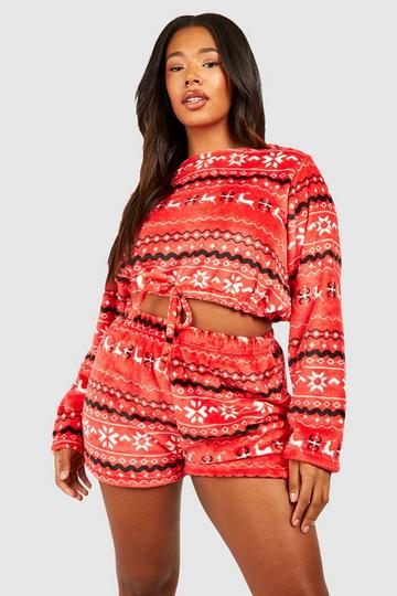 Plus Fairsle Fleece Sweater & Short Set red