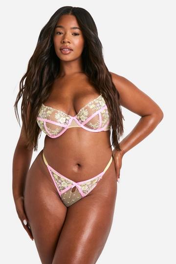 Mesh Floral Embroidered Thong pink