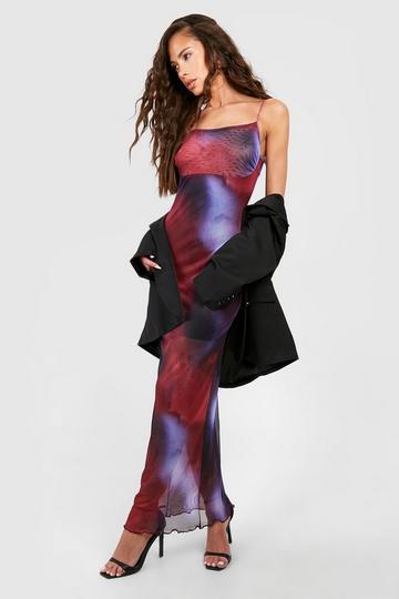 Abstract Print Mesh Maxi Slip Dress purple