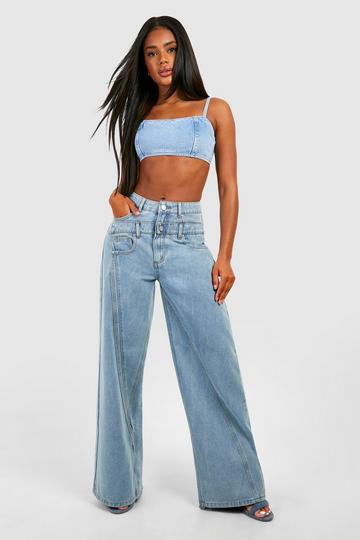 Light Brown Wide Leg Jeans With Front And Back Waistband Panel