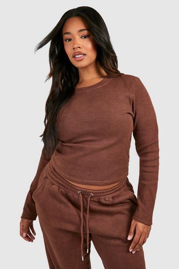Plus Washed Long Sleeve Crew Neck Rib Top chocolate