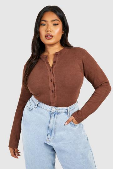 Plus Washed Long Sleeve Button Down Bodysuit chocolate