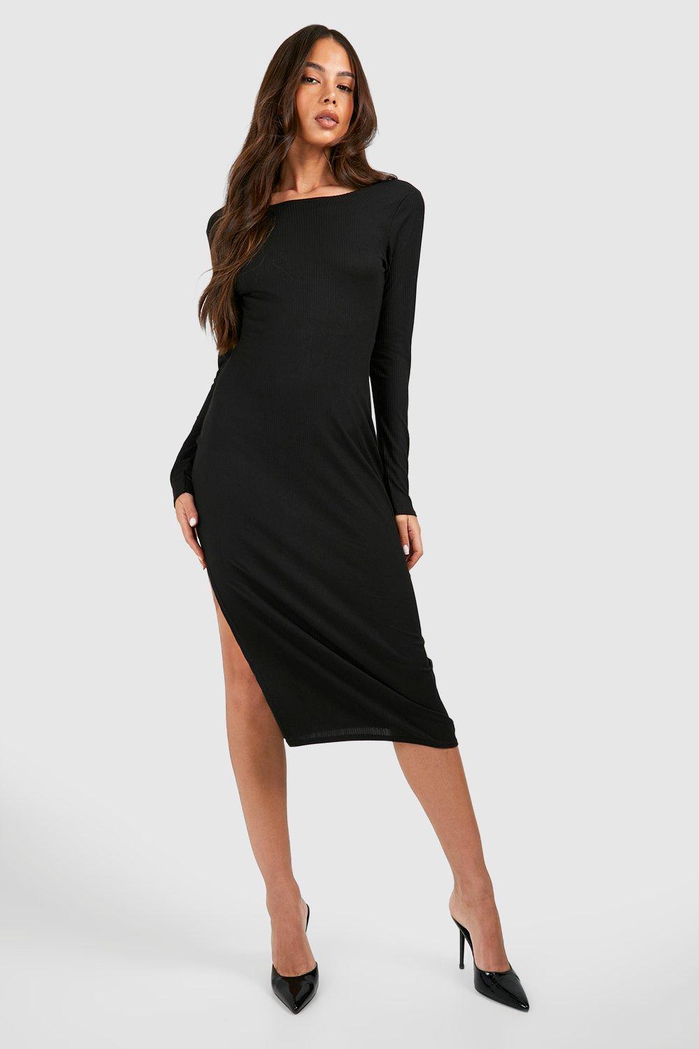 Boohoo plunge midi dress with sweetheart neckline and side split in clearance black