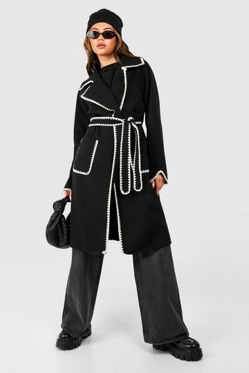 Black Contrast Blanket Stitch Detail Belted Wool Look Coat