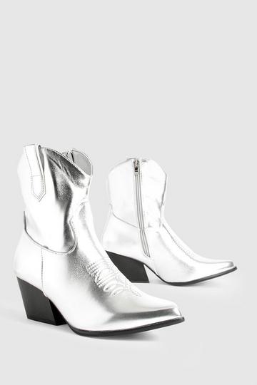 Metallic Ankle Western Cowboy Boots silver