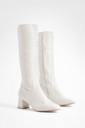 Cream White Block Heel Knee High Boots
