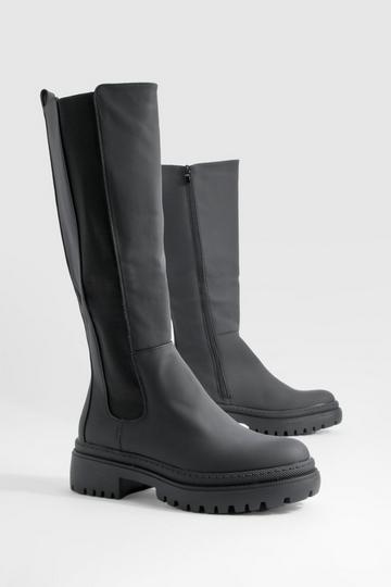 Black Chunky Elastic Panel Knee High Rubber Boots