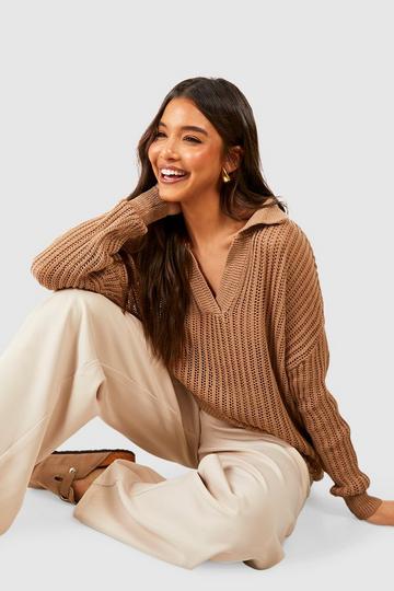 Camel Beige Oversized Crochet Jumper With Polo Collar