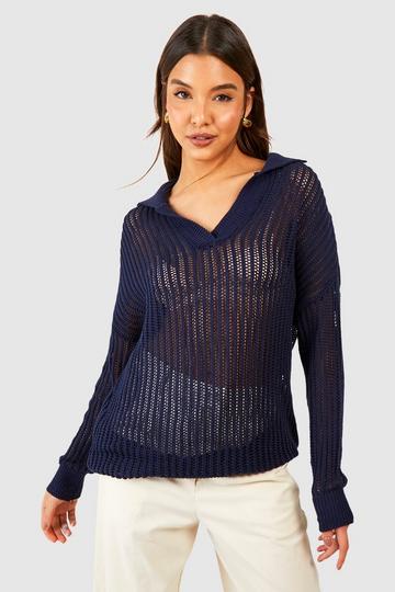 Oversized Crochet Jumper With Polo Collar navy