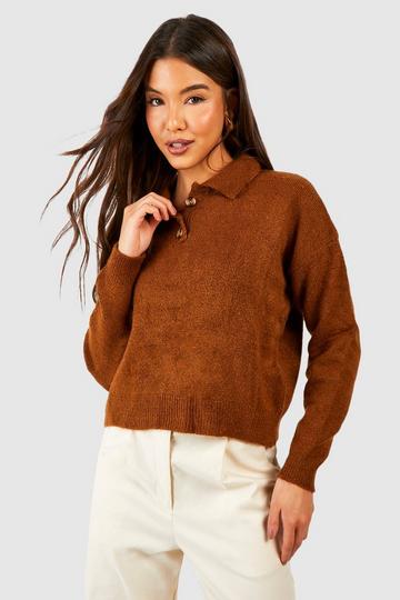 Camel Beige Soft Knit Sweater With Polo Collar
