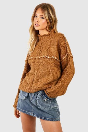 Camel Beige Chunky Contrast Stitch Sweater
