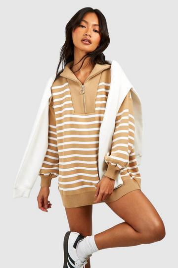 Half Zip Funnel Neck Stripe Sweater Dress camel