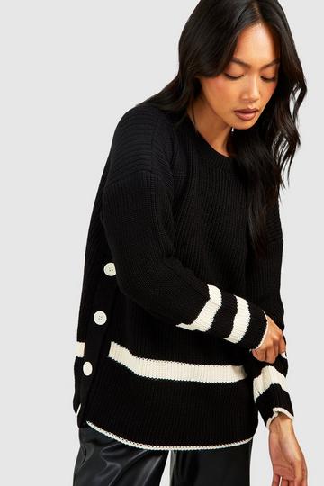 Button Detail Stripe Trim Sweater black