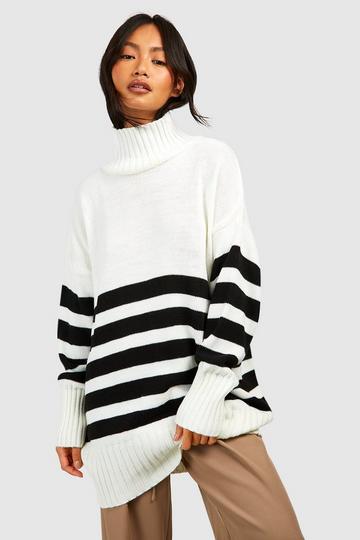 High Neck Stripe Sweater ecru