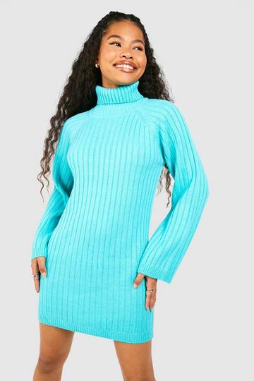 Turquoise Blue Petite Roll Neck Wide Sleeve Jumper Dress