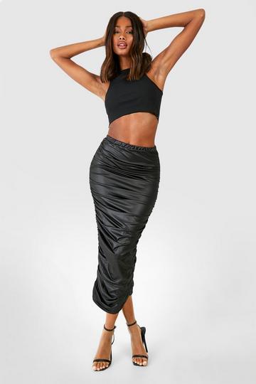 Ruched Faux Leather Midi Skirt black