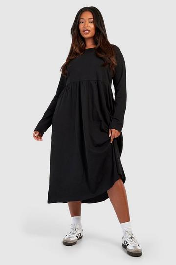 Black Plus Cotton Long Sleeve Smock Midi Dress