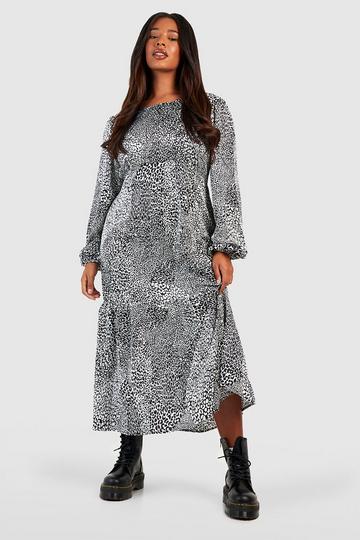 Plus Woven Printed Lone Sleeve Satin Dress black