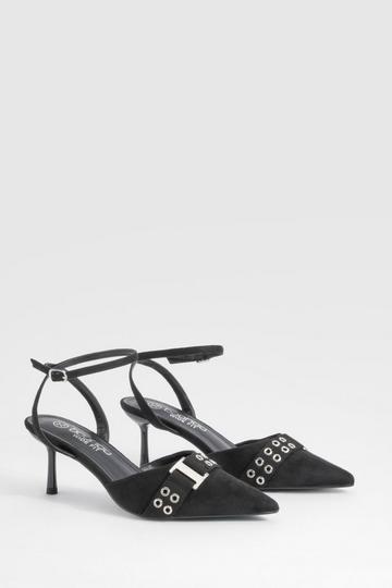 Wide Fit Low Stiletto Buckle Eyelet Detail Ankle Strap Court Shoe black